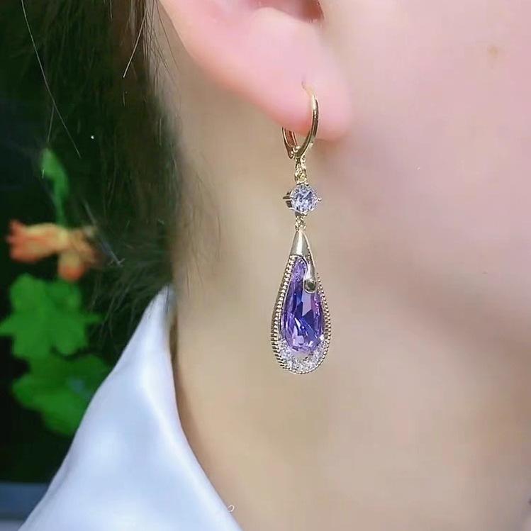Purple Crystal Droplet Earrings (24K Gold Plated)