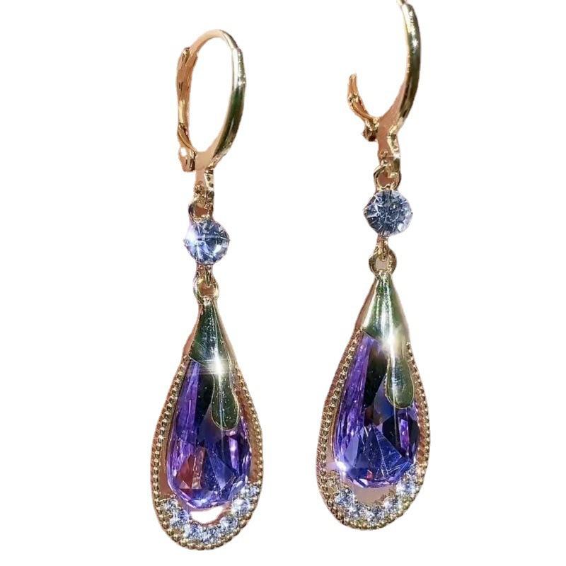 Purple Crystal Droplet Earrings (24K Gold Plated)