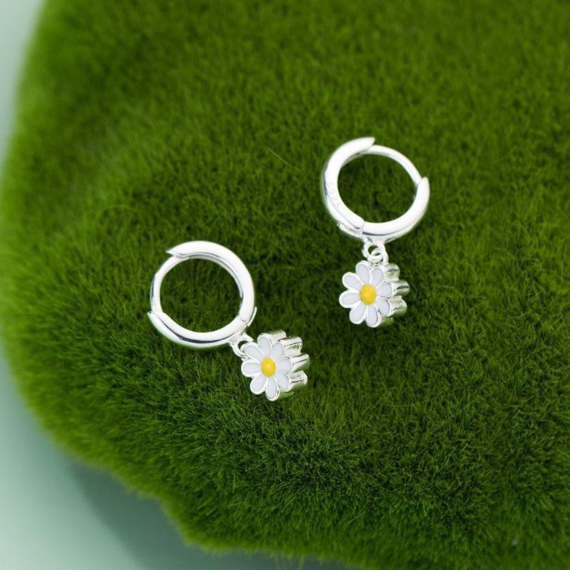 925 Silver Plated Daisy Flower Hoop Earrings | Drop Dangle Jewelry for Women