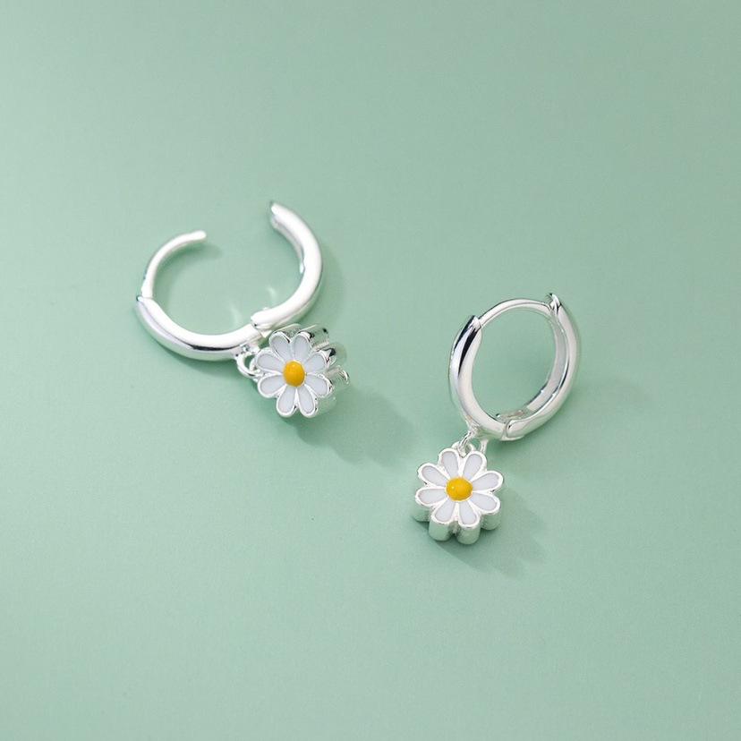 925 Silver Plated Daisy Flower Hoop Earrings | Drop Dangle Jewelry for Women