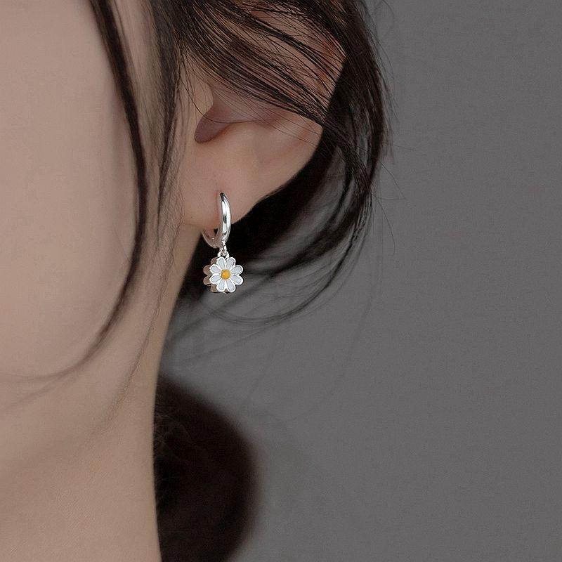 925 Silver Plated Daisy Flower Hoop Earrings | Drop Dangle Jewelry for Women