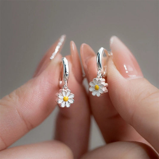 925 Silver Plated Daisy Flower Hoop Earrings | Drop Dangle Jewelry for Women