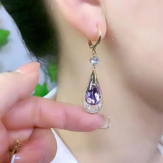 Purple Crystal Droplet Earrings (24K Gold Plated)