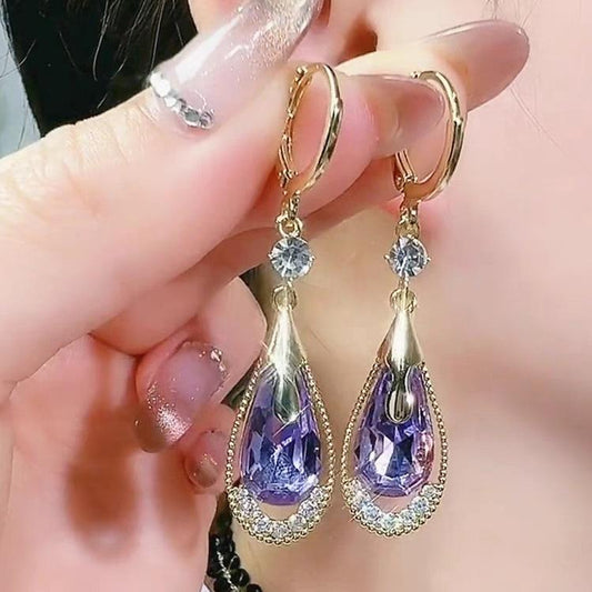 Purple Crystal Droplet Earrings (24K Gold Plated)