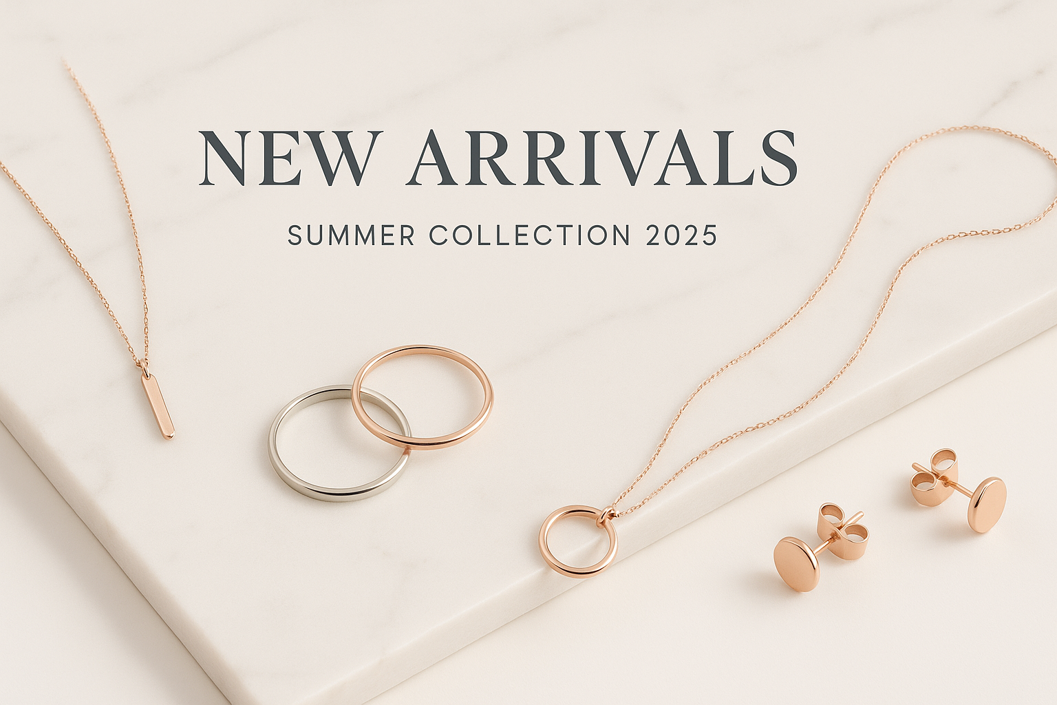 Create a modern, eye-catching homepage banner for an online store. The banner should feature [your product type — e.g., ‘minimalist fashion clothing’, ‘organic skincare products’, ‘tech accessories’, etc.]. Use a clean and professional design with a light color palette (white, beige, soft pastels) and a focus on simplicity and elegance. Include space for text overlay like ‘New Arrivals’ or ‘Summer Collection 2025’. The mood should feel fresh, premium, and inviting, suitable for desktop and mobile views.